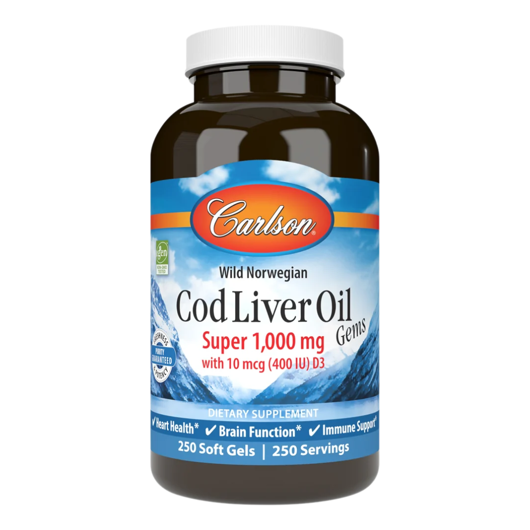 Carlson Wild Norwegian Cod Liver Oil Gems Super 1,000 mg with 10 mcg (400 IU) D3, 250 Soft Gels