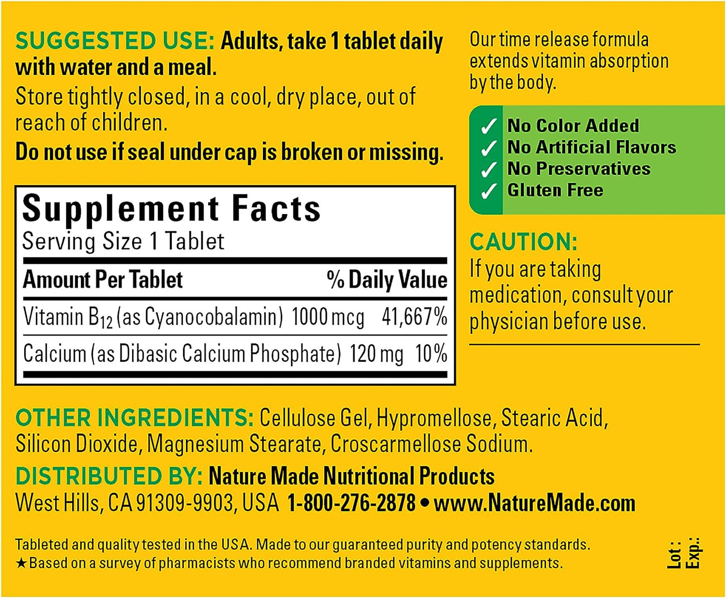 Nature Made Vitamin B12 1000 mcg. Timed Release Tablets Value Size 160 Ct