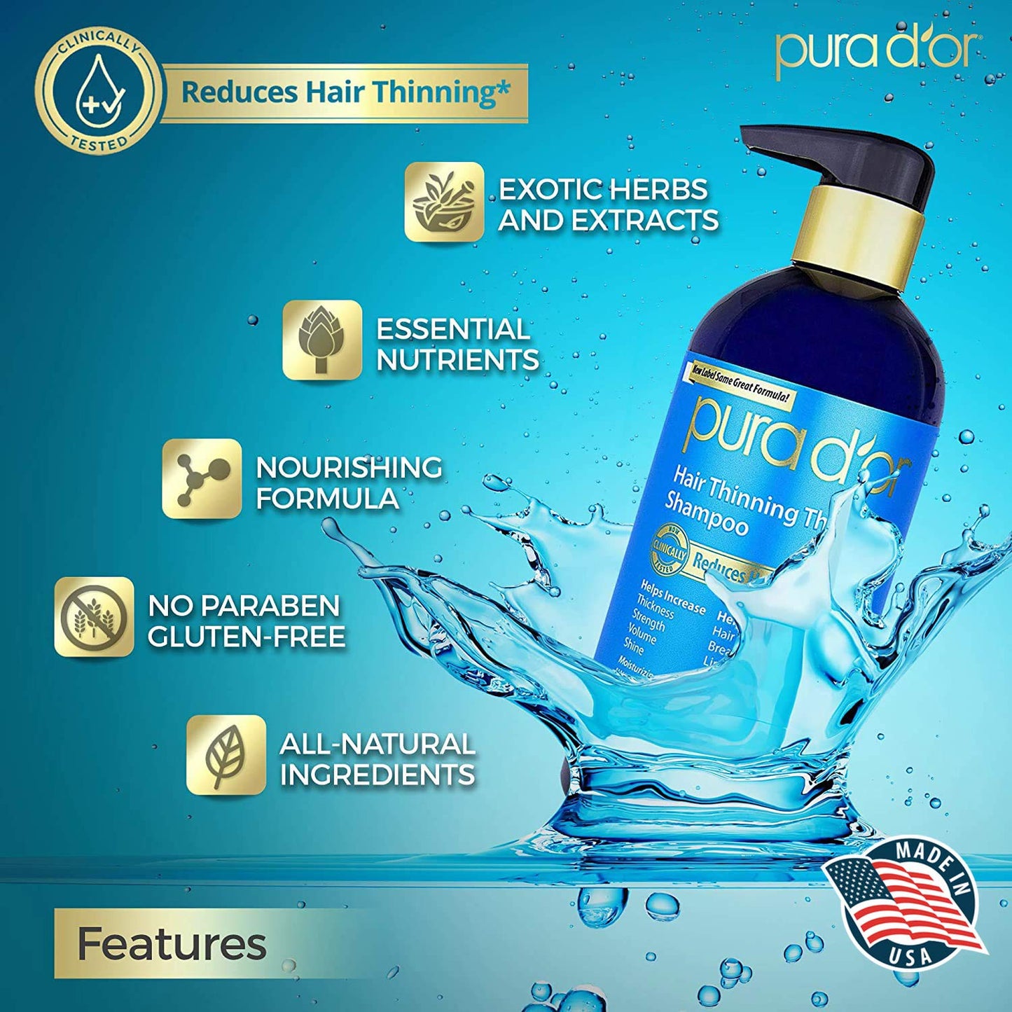 PURA D'OR Biotin Shampoo Imported from the USA VANILLA LAVENDER Scent (16 oz) w/Argan Oil