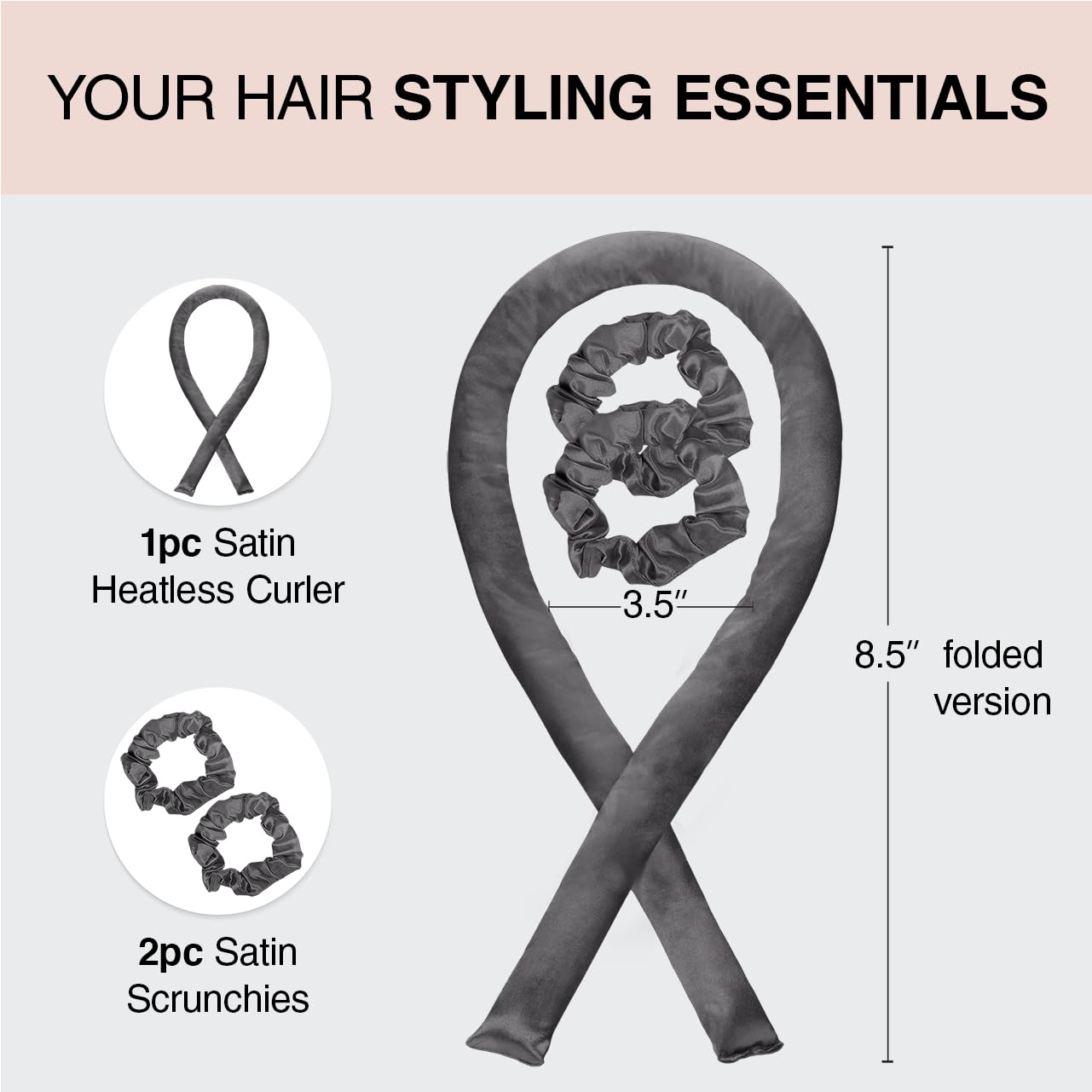 Kitsch The Satin Heatless Curling Set 1 Heatless Curling Rod 2 Satin Scrunchies, Charcoal