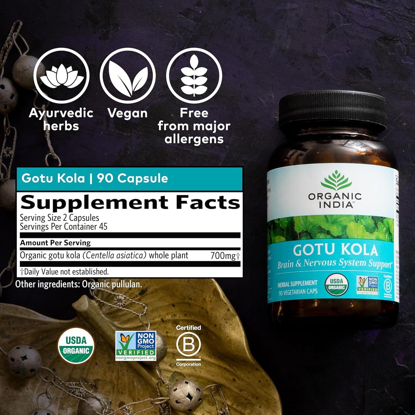 Organic India Gotu Kola Brain & Nervous System Support Supplement 90 Vegetarian Caps
