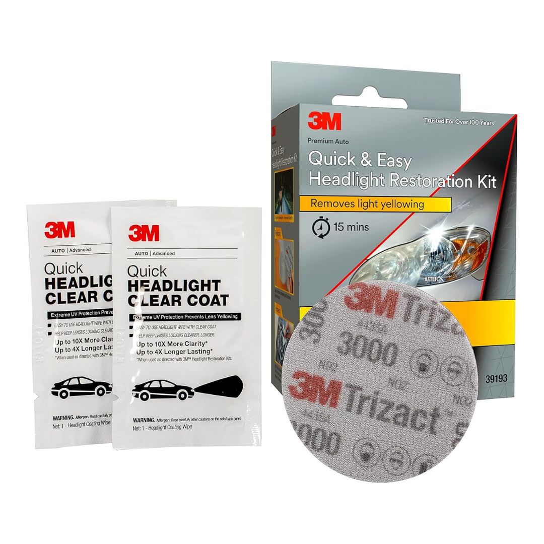3M Quick & Easy Headlight Restoration Kit Removes Light Yellowing 1 Kit (39193)