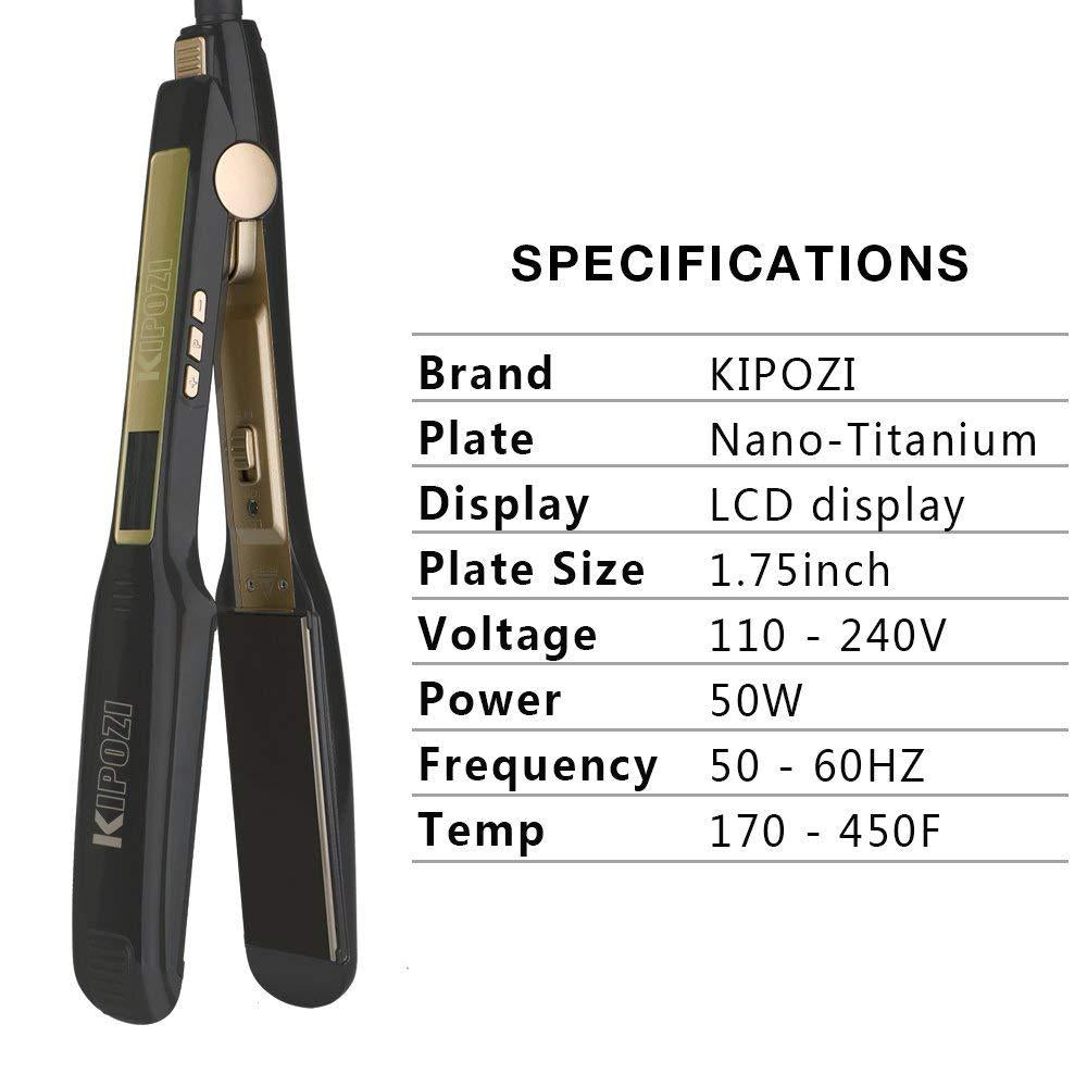 KIPOZI Professional Titanium Flat Iron Hair Straightener with Digital LCD Display Dual Voltage Instant Heat Up1.75 inch (Wide Black) K-139