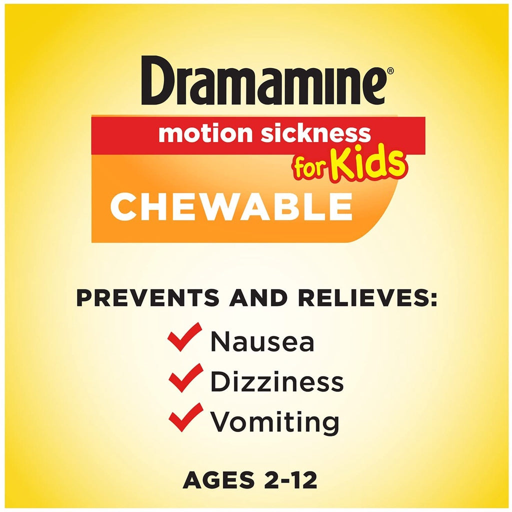Dramamine Motion Sickness Relief for Kids, Grape Flavor, 8 Chewable Tablets PACKAGING MAY VARY