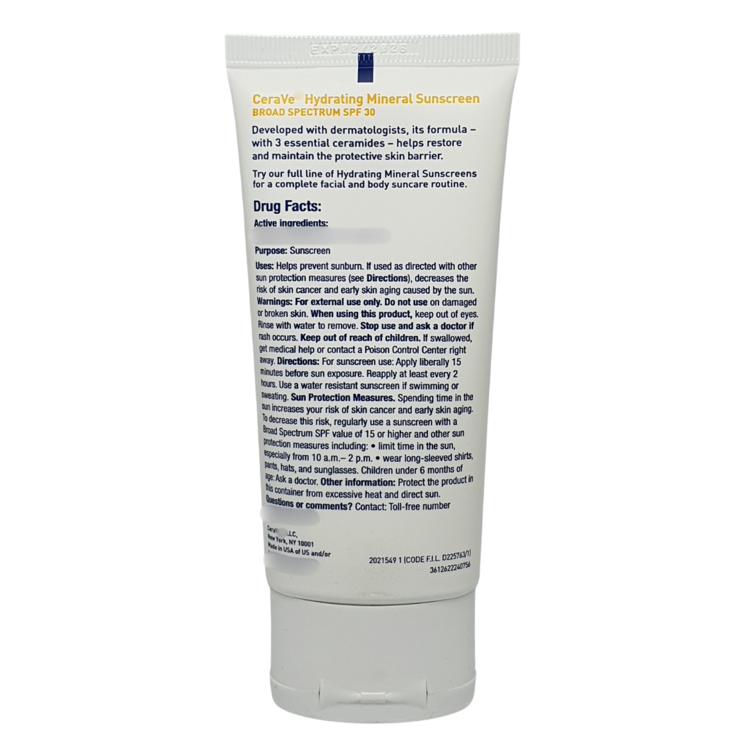 CeraVe Hydrating Mineral Sunscreen SPF 30, 2.5 oz / 75 ml
