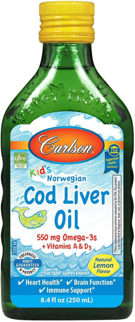Carlson Kid's Cod Liver Oil 550mg Omega 3 Vitamin A, D3, Lemon Flavor 8.4 fl oz / 250 mL
