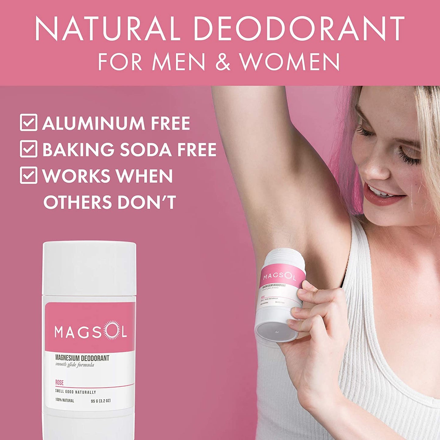 MAGSOL Magnesium 100% Natural Deodorant for Men & Women, Rose, 3.2 oz. / 95g