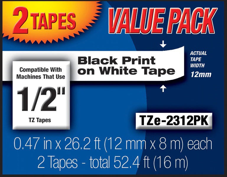 Brother TZe2312PK P-touch Laminated Black On White Tape, 2 Tapes, Total 52.4 ft / 16 m