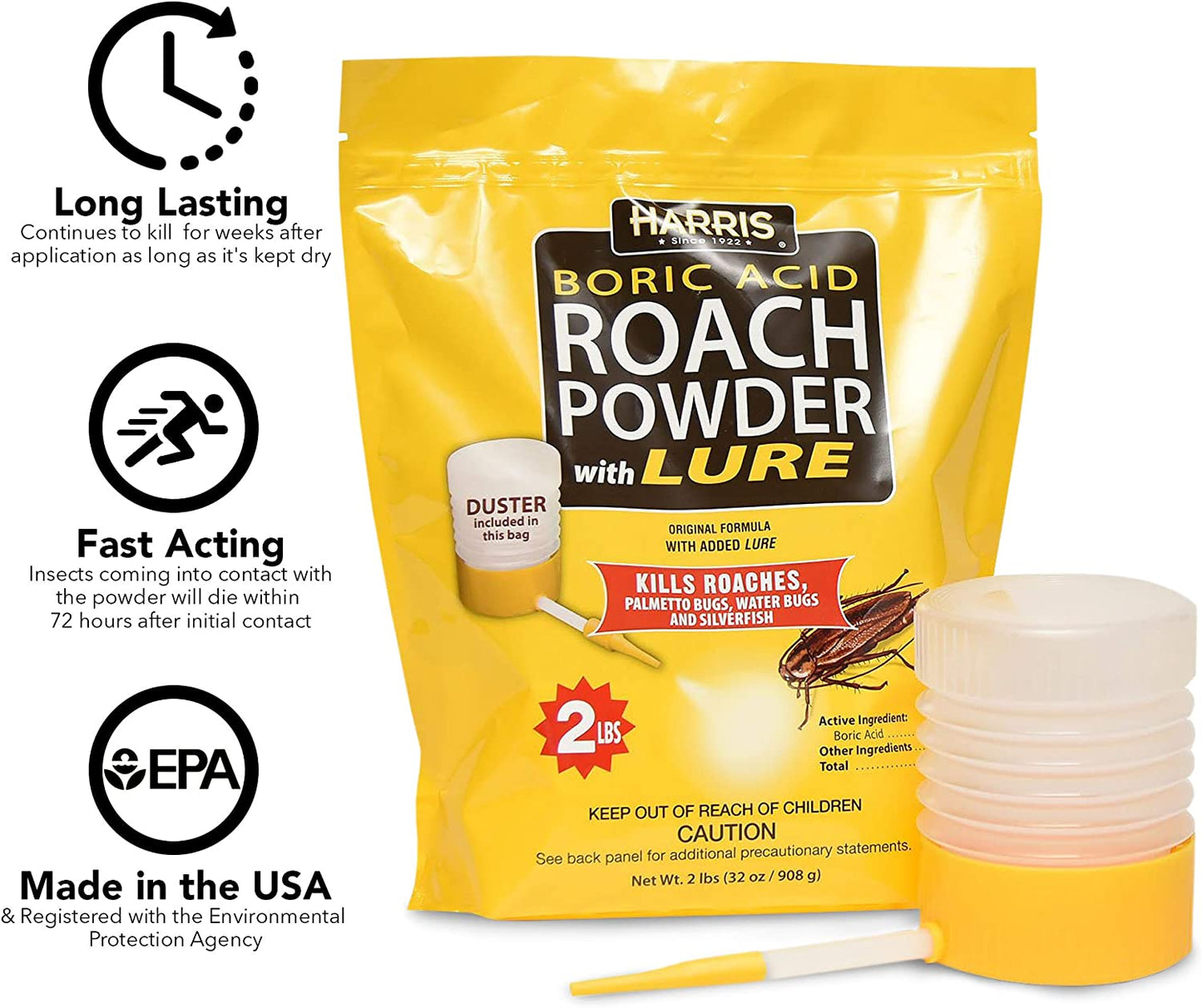 Harris Boric Acid Roach Powder with Lure Original Formula, 2lbs / 32 oz, Duster Included