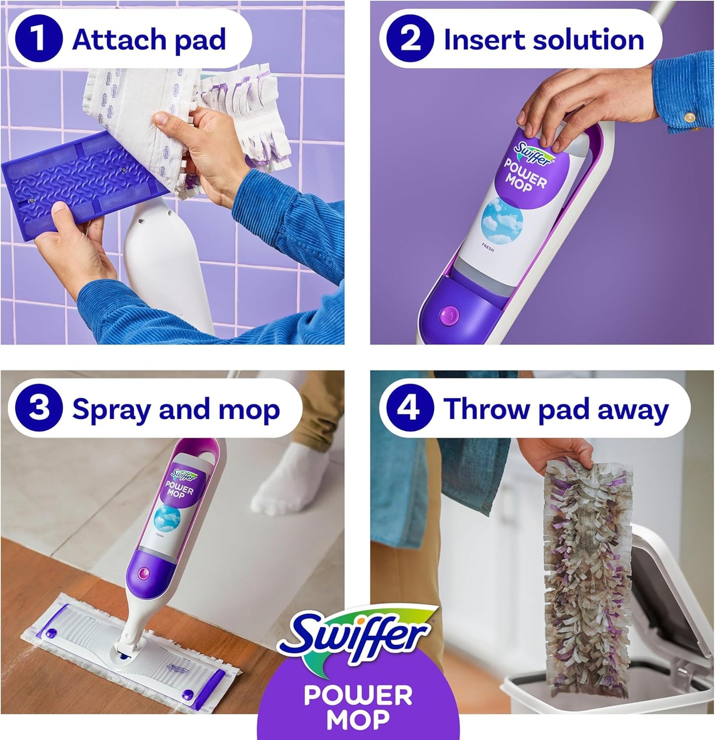 Swiffer Power Mop Multi-Surface Mop Kit for Floor Cleaning, Includes PowerMop, 2 Mopping Pad Refills, 1 Cleaning Solution With Fresh Scent And 2 Batteries
