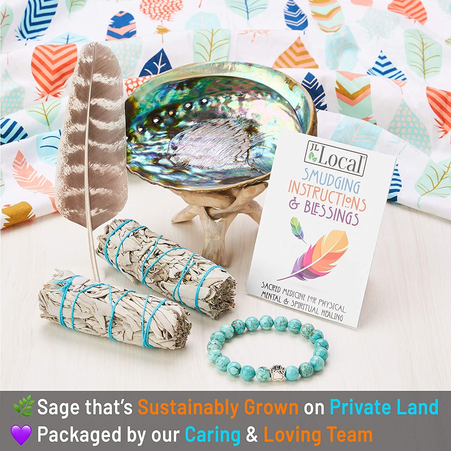 JL Local 2 White Sage Smudge Stick Smudging Kit Abalone Shell & Stand, Turquoise Bracelet, Instructions & Blessings, Smudge Kit White Sage Incense Sticks for Cleansing