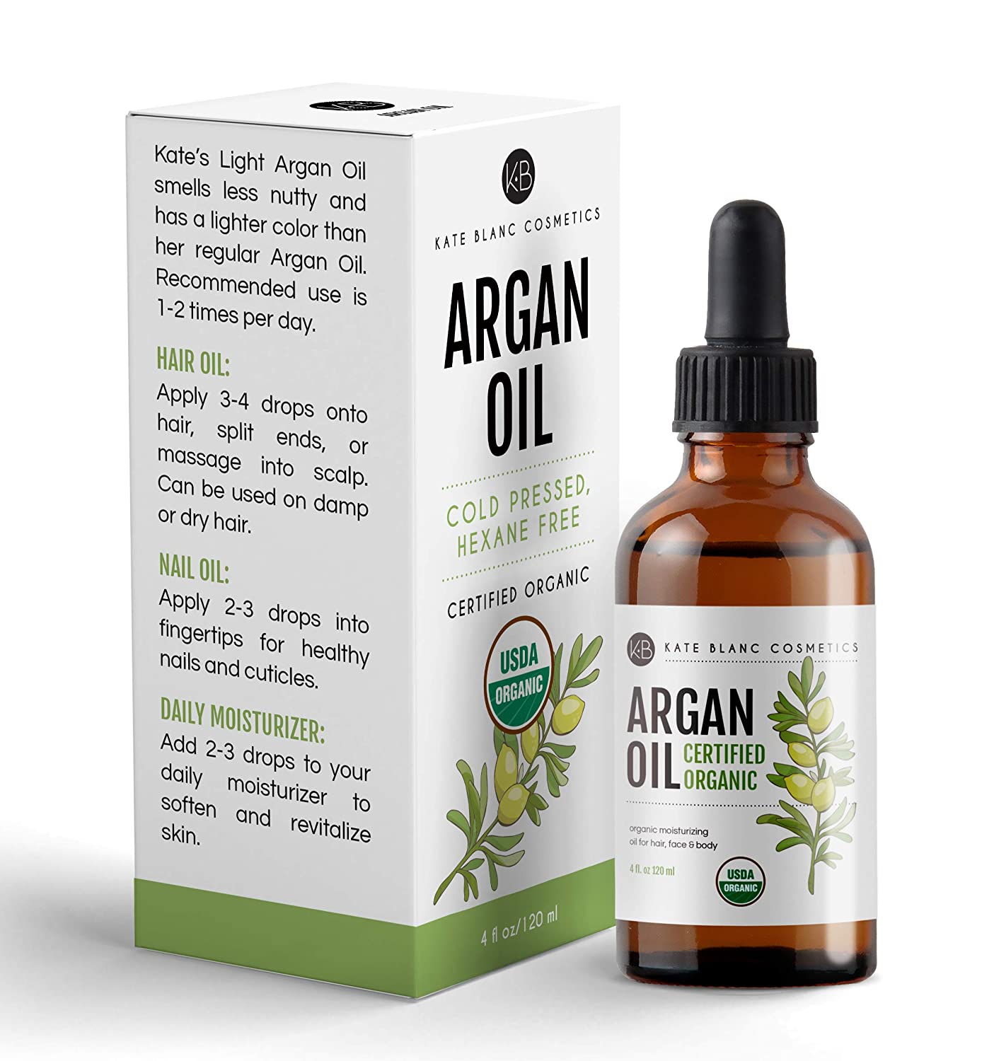 Kate Blanc Moroccan Argan Oil, USDA Certified Organic, Virgin, 100% Pure, Cold Pressed, 4 oz