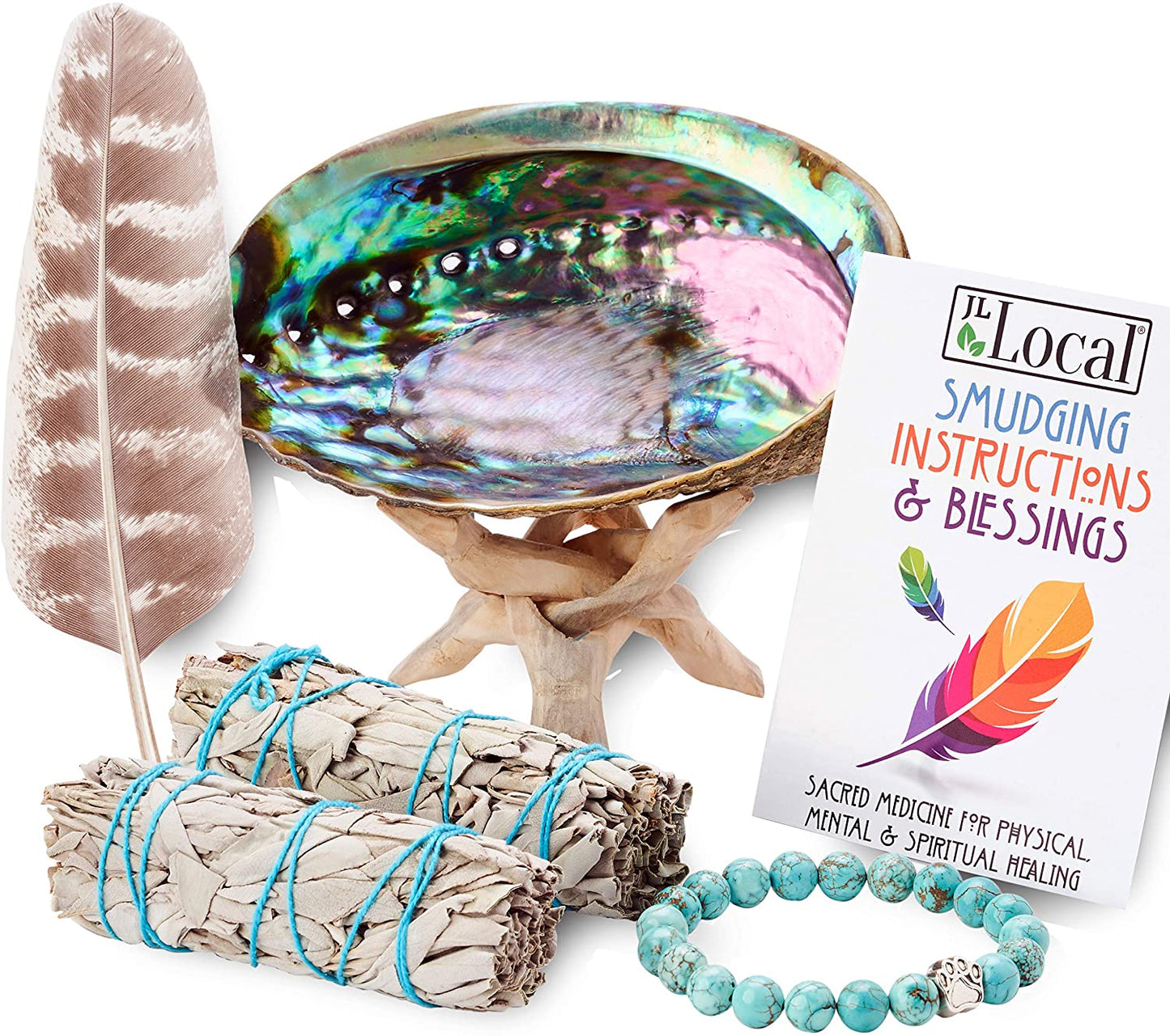 JL Local 2 White Sage Smudge Stick Smudging Kit Abalone Shell & Stand, Turquoise Bracelet, Instructions & Blessings, Smudge Kit White Sage Incense Sticks for Cleansing