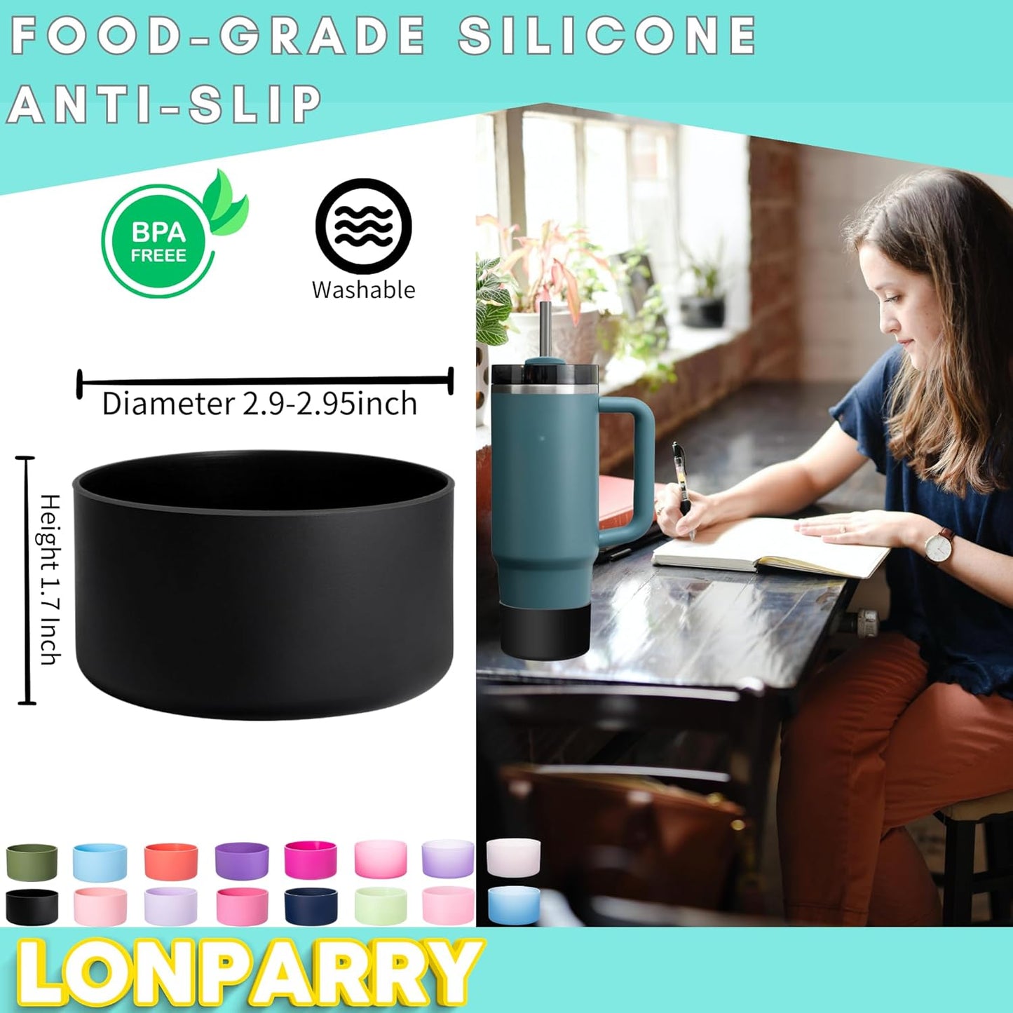 Lonparry Black Silicone Boot for Tumblers 2.9-2.95 inch, 2-Pack