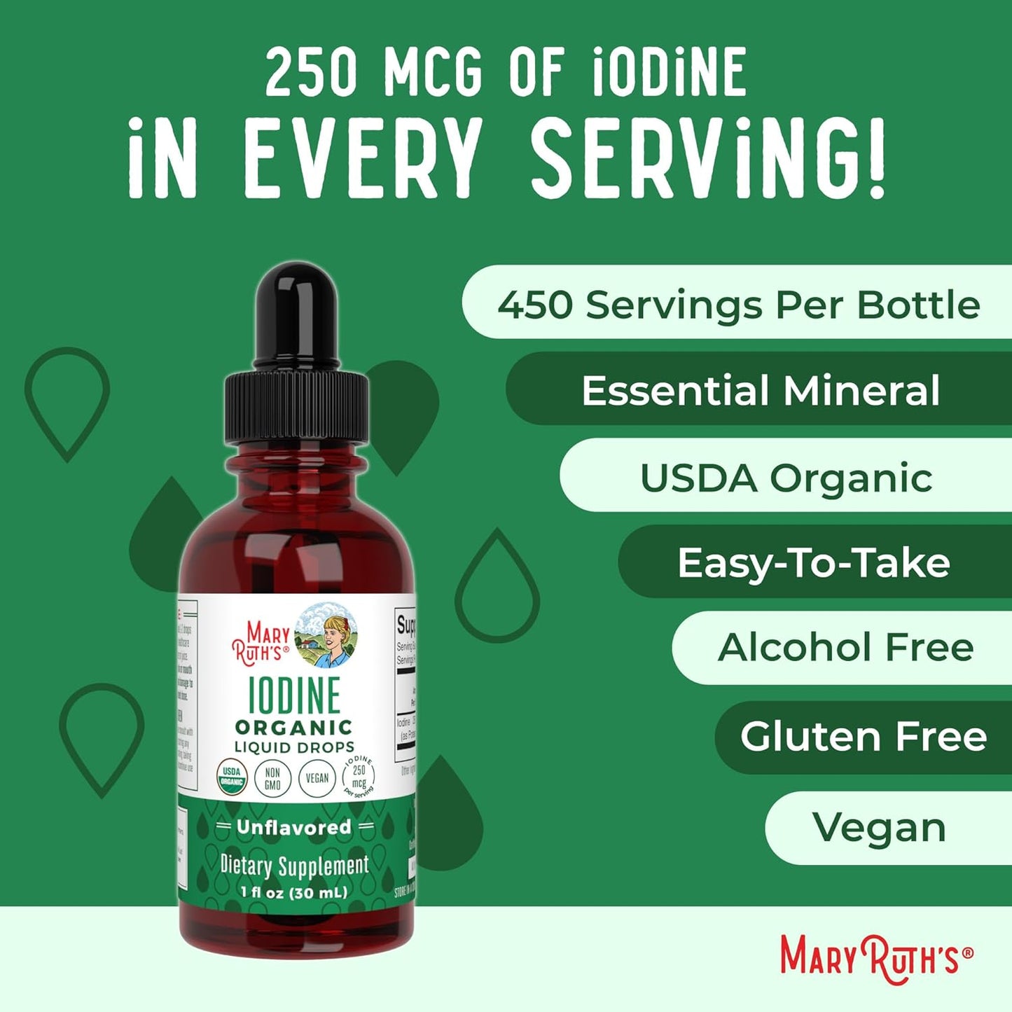 Mary Ruth's Iodine Organic Liquid Drops for Thyroid Support Unflavored, 30 ml / 1 fl oz