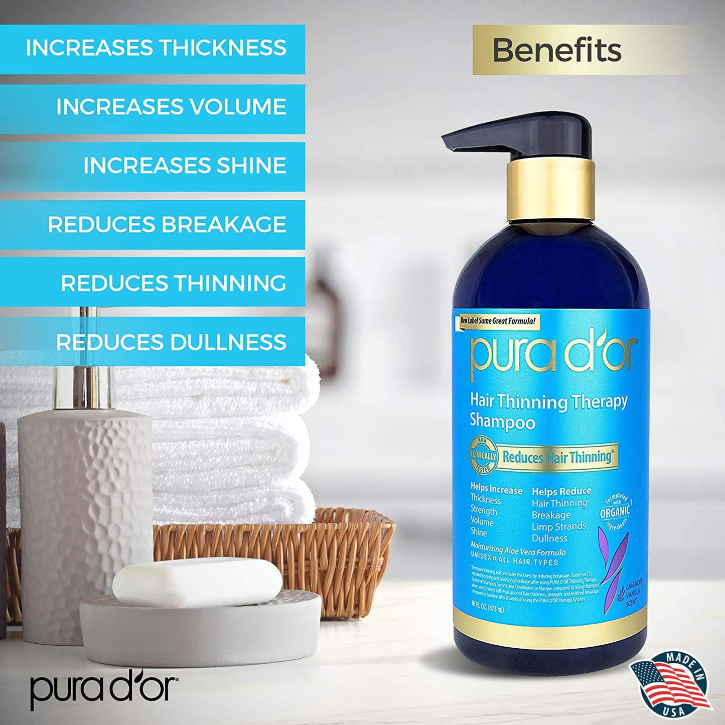 PURA D'OR Biotin Shampoo Imported from the USA VANILLA LAVENDER Scent (16 oz) w/Argan Oil