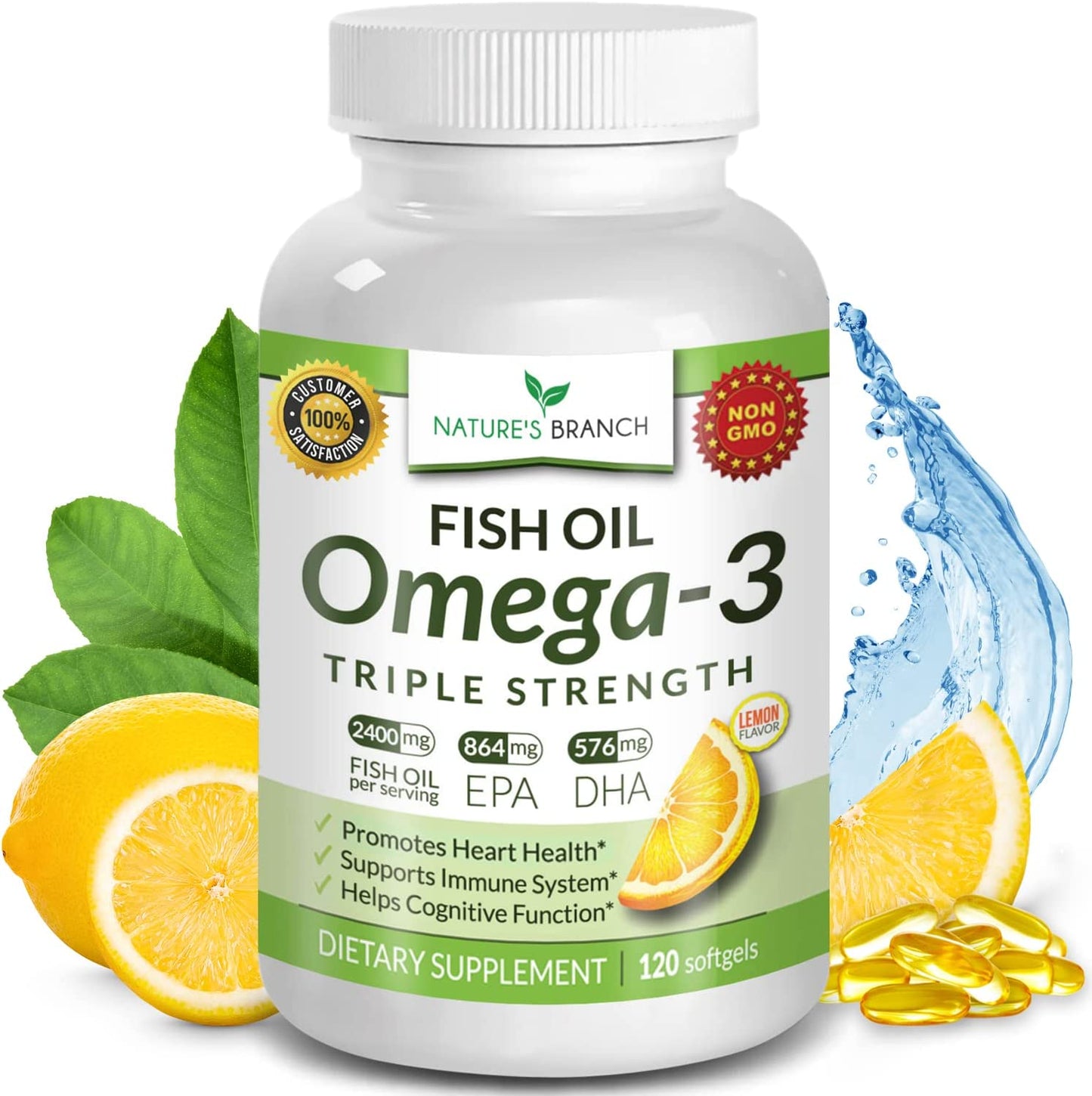 Nature's Branch Omega 3, Fish Oil, Triple Strength, Health Supplement, Lemon Flavor, 120 Softgels