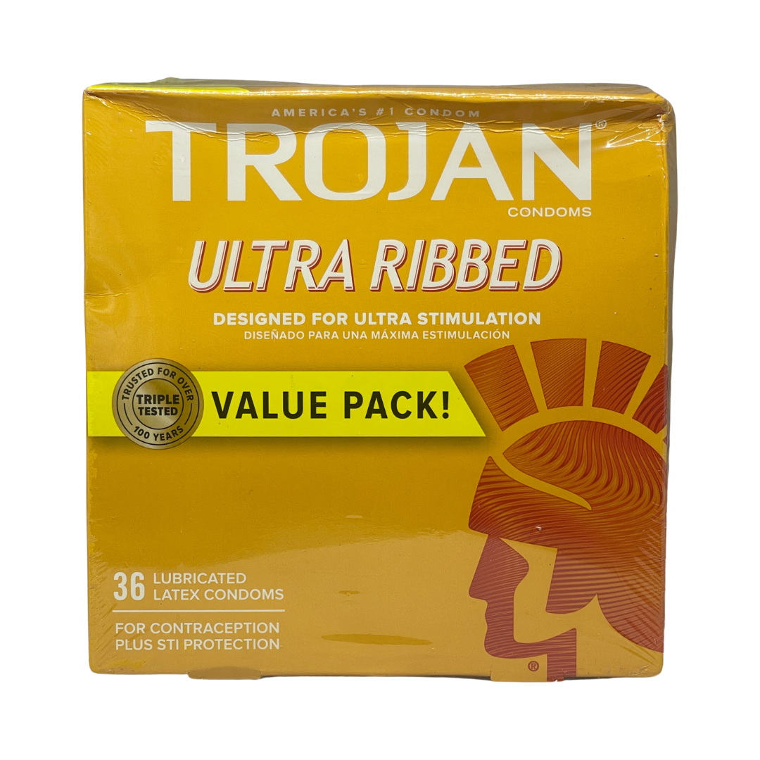 EXPIRY 02/2027 Trojan Ultra Ribbed Value Pack, 36 Lubricated Latex Condoms