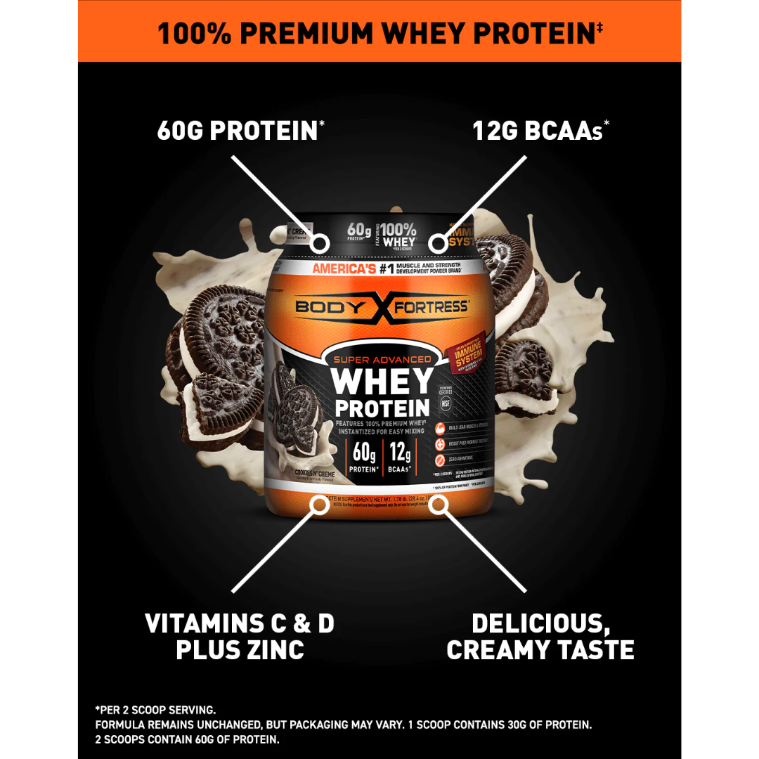 Body Fortress Whey Premium 60 g Protein Powder Cookies n' Cream Flavor, 1.78 lb / 807 g