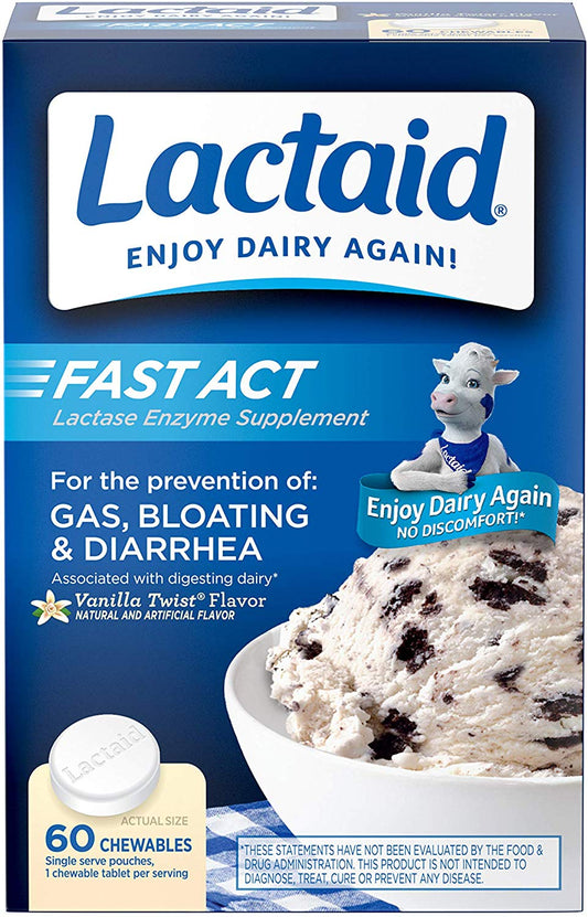 Lactaid Fast Act Lactose Intolerance Chewables with Lactase Enzymes | Vanilla Twist - 60 Chewables