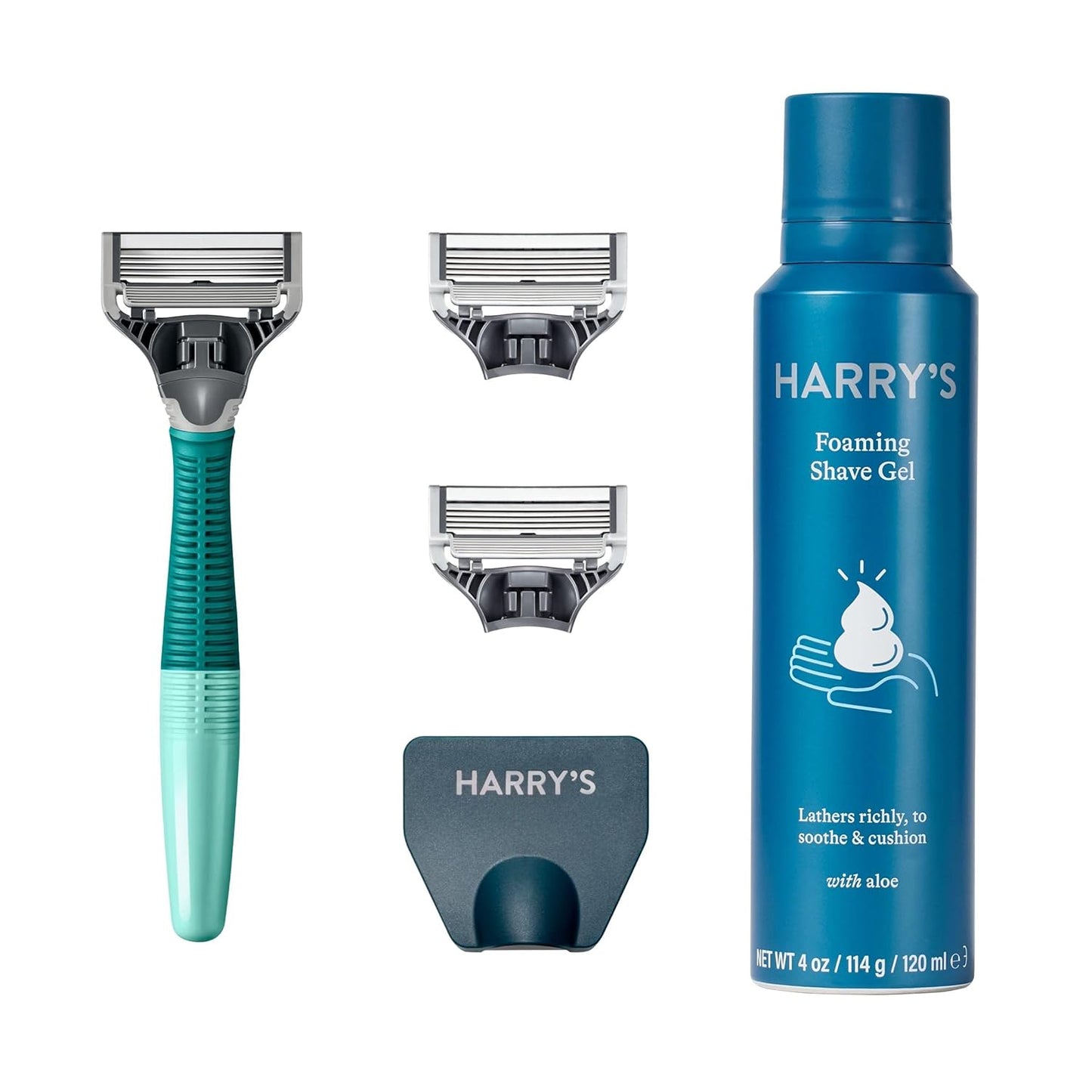 Harry's Razor Set With Blade Refills, Travel Blade Cover, 4 oz / 114g (120mL) Shave Gel (Sage)