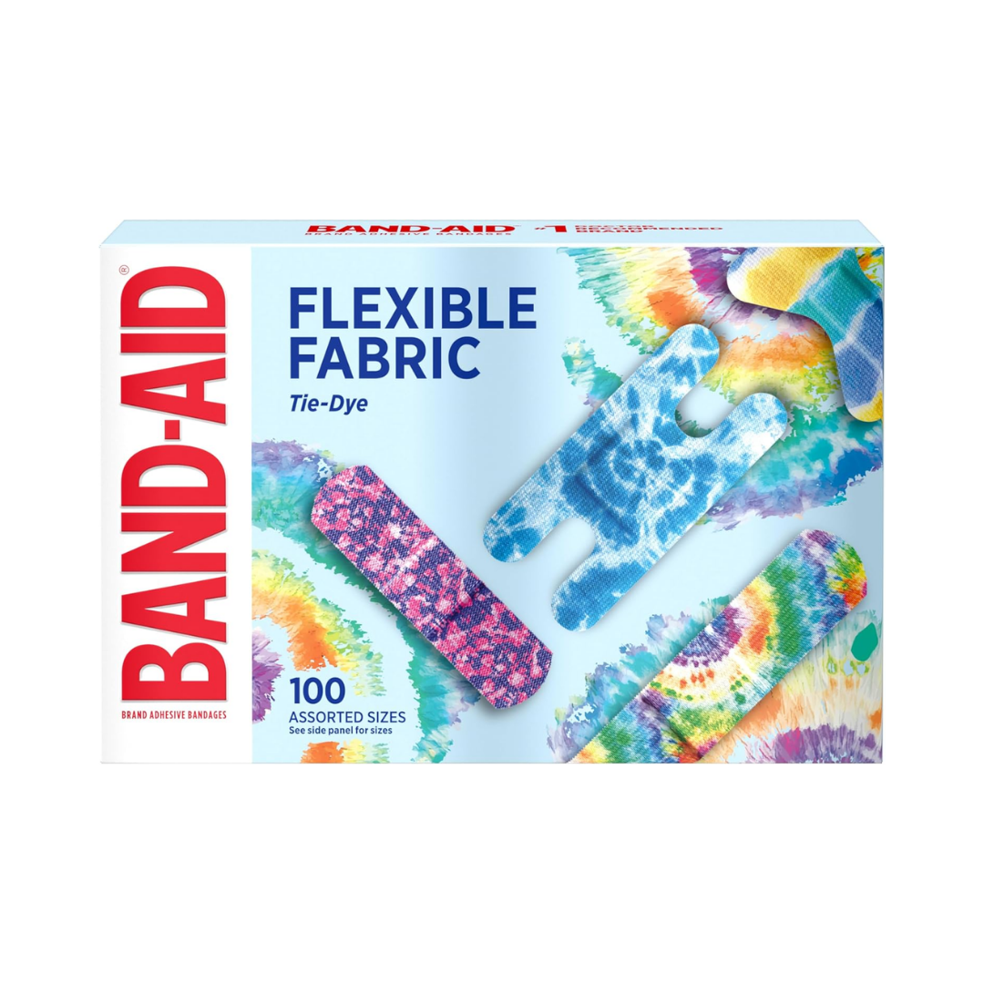 Band-Aid Flexible Fabric Tie-Dye Adhesive Bandages, 100 Assorted Sizes
