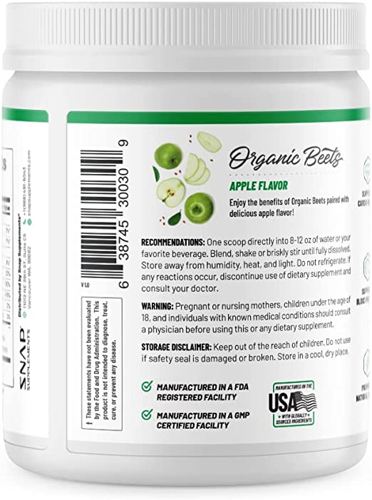 SNAP Nitric Oxide Organic Beets Apple Flavor Supports Cardio Health, Blood Pressure 250 g