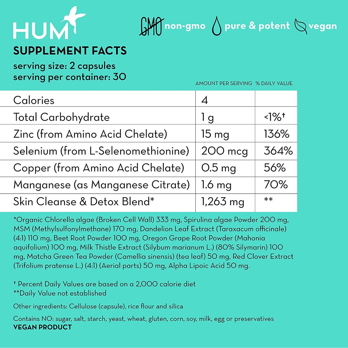 HUM Daily Cleanse Skin Supplement Clear Skin & Body Detox, 60 Vegan Capsules