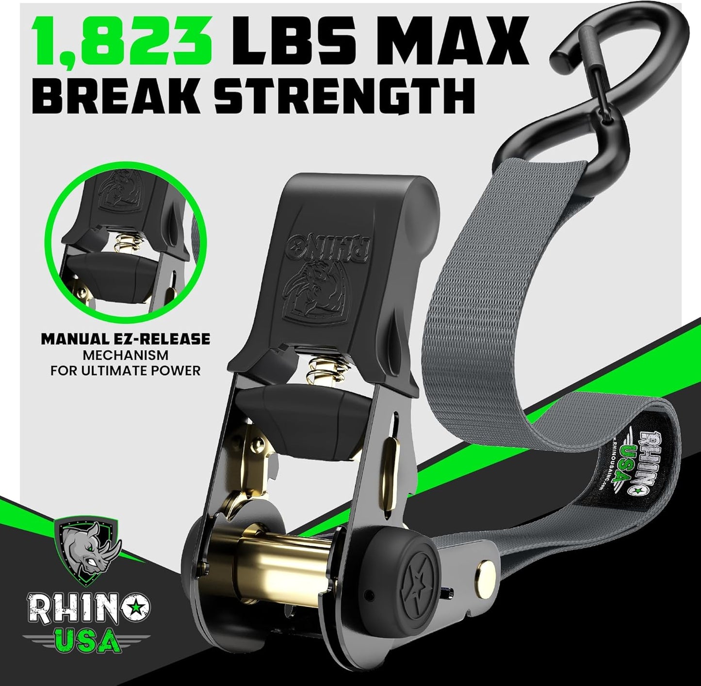 Rhino USA Medium Duty Ratchet Tie-Down Set, 4 Ratchet Straps and 4 Soft Loops