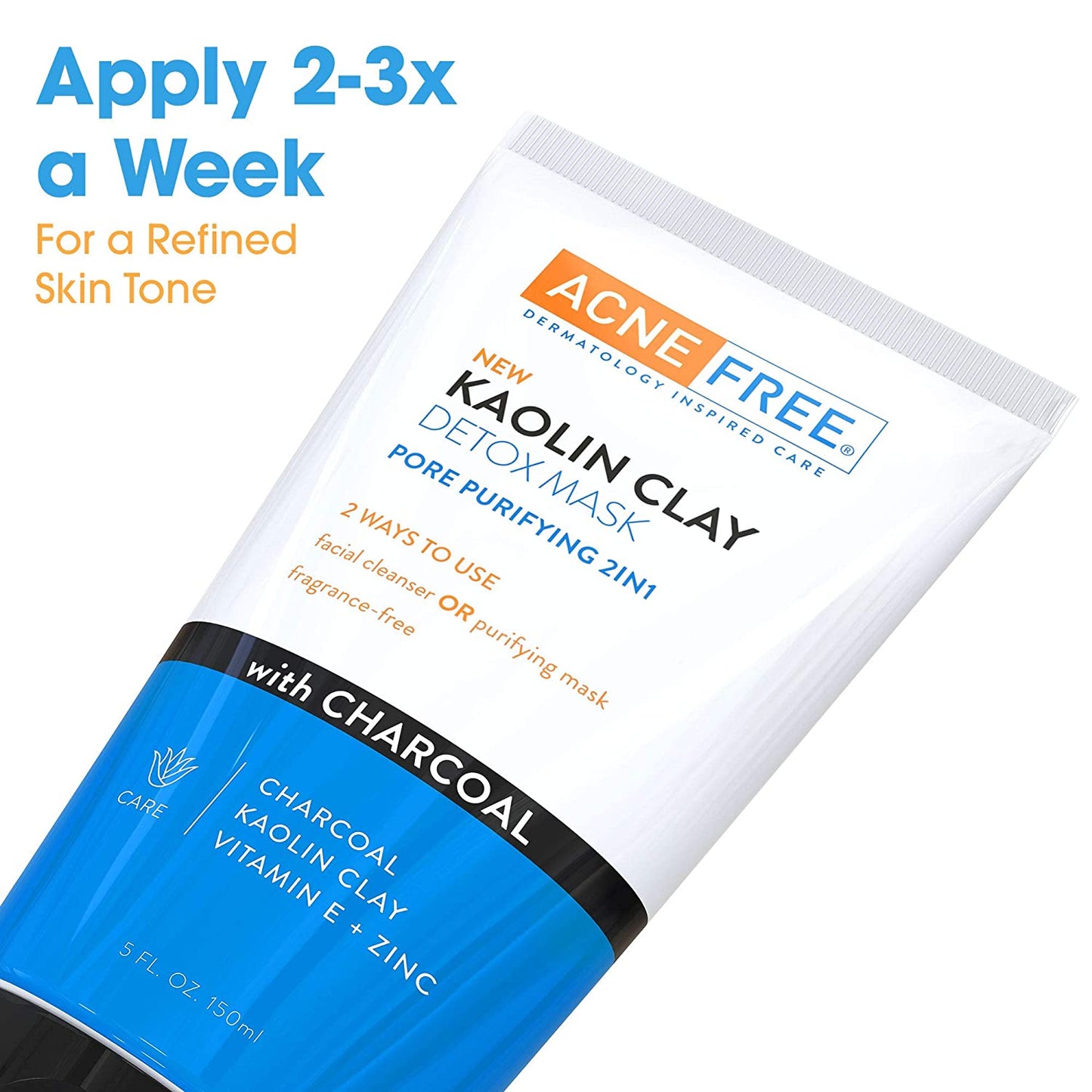 Acne Free Kaolin Clay Detox Mask 2-In-1 Pore Purifying with Charcoal & Vitamin E + Zinc, 5 fl.oz / 150ml
