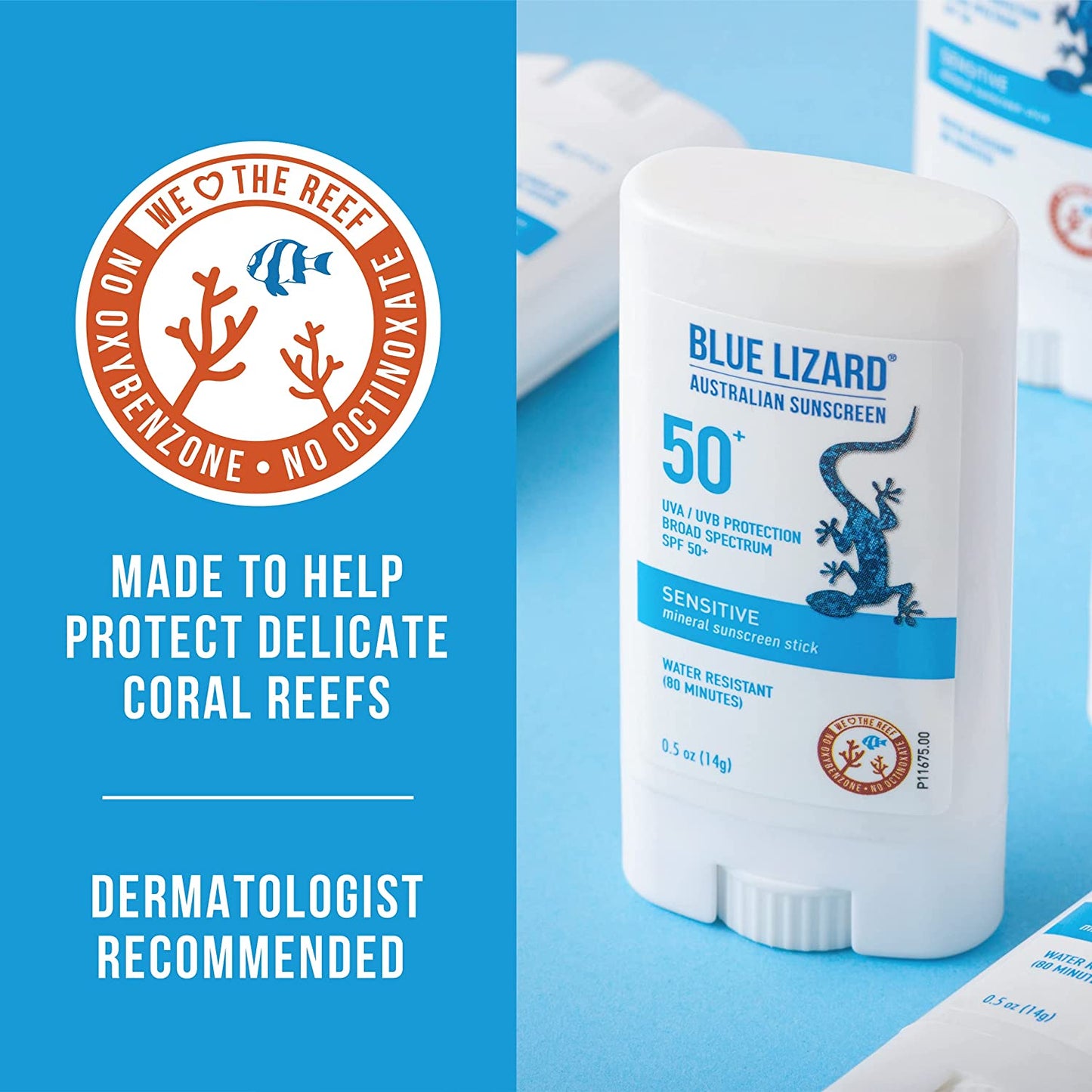 BLUE LIZARD Sensitive Mineral Sunscreen Stick with Zinc Oxide SPF 50+, 0.5 oz. / 14g
