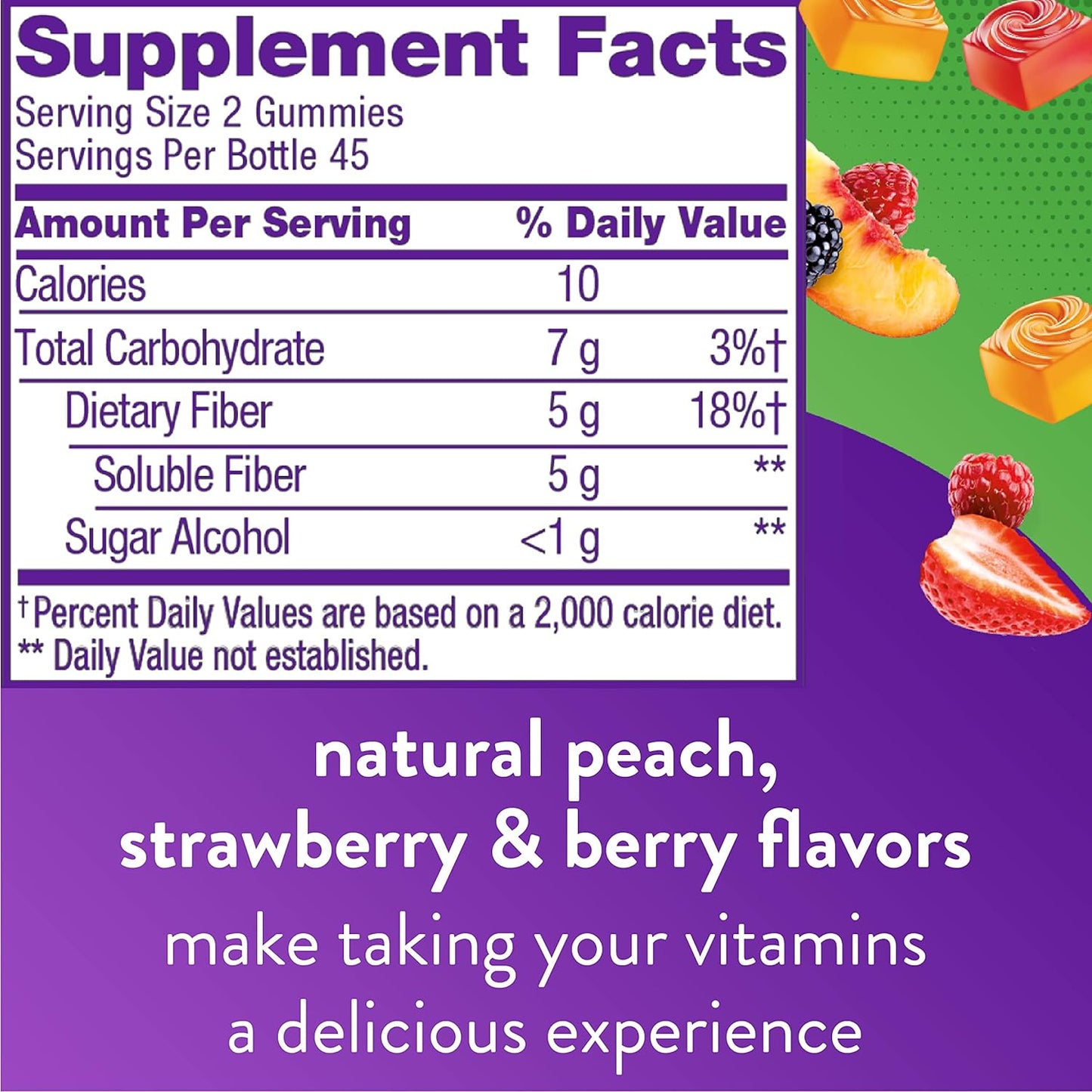 Vitafusion Fiber Well Non-Sugar 5g  Supplement Natural Peach,Strawberry And Berry Flavors,90 Gummies