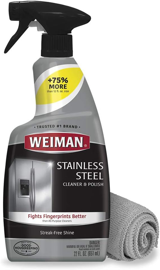 Weiman Stainless Steel Cleaner and Polish Fights Fingerprints With Micofiber Cloth 22 fl oz / 651 mL
