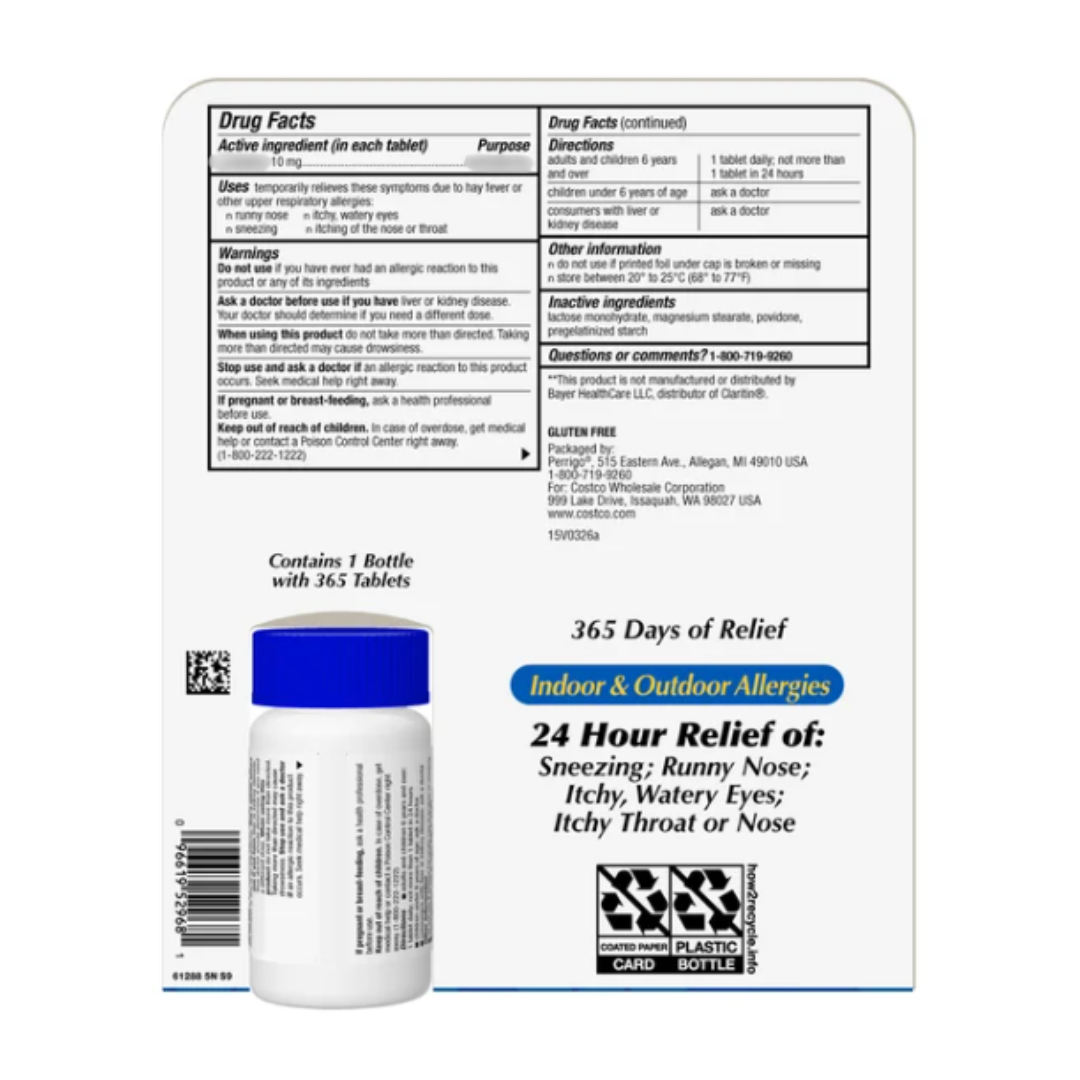 Kirkland Signature Non-Drowsy AllerClear 10mg Tablets For Relief of Throat And Nose 365 Count