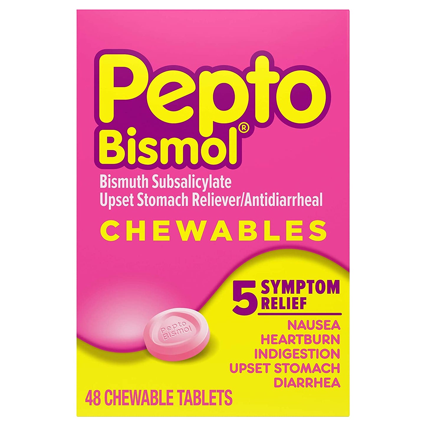 Pepto Bismol 48 Chewable Tablets, for Relief of Gas, Anti Diarrhea, Heartburn, Nausea, Upset Stomach, and Indigestion