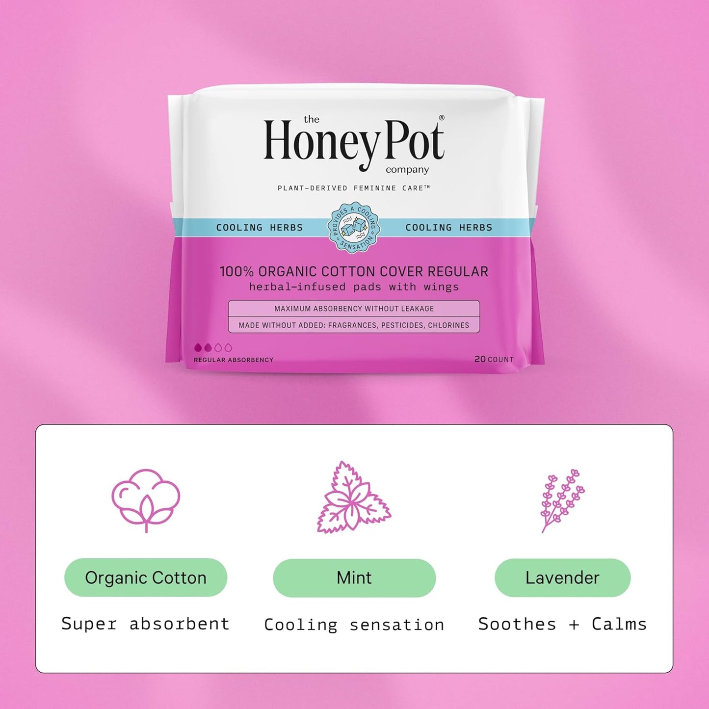 The Honey Pot Company Herbal-Infused Pads with Wings Regular Flow, 20 Count