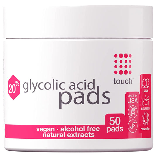Touch Skincare 20% Glycolic Acid Pads Exfoliating & Resurfacing AHA Peel Face Wipes, 50 Pads