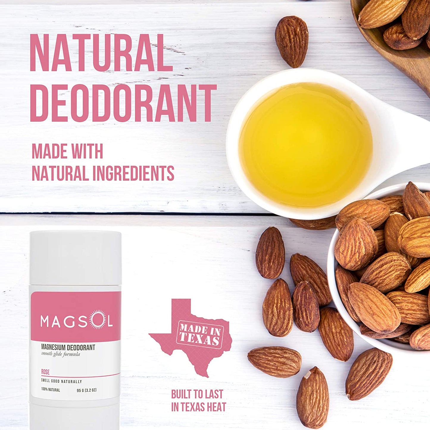 MAGSOL Magnesium 100% Natural Deodorant for Men & Women, Rose, 3.2 oz. / 95g