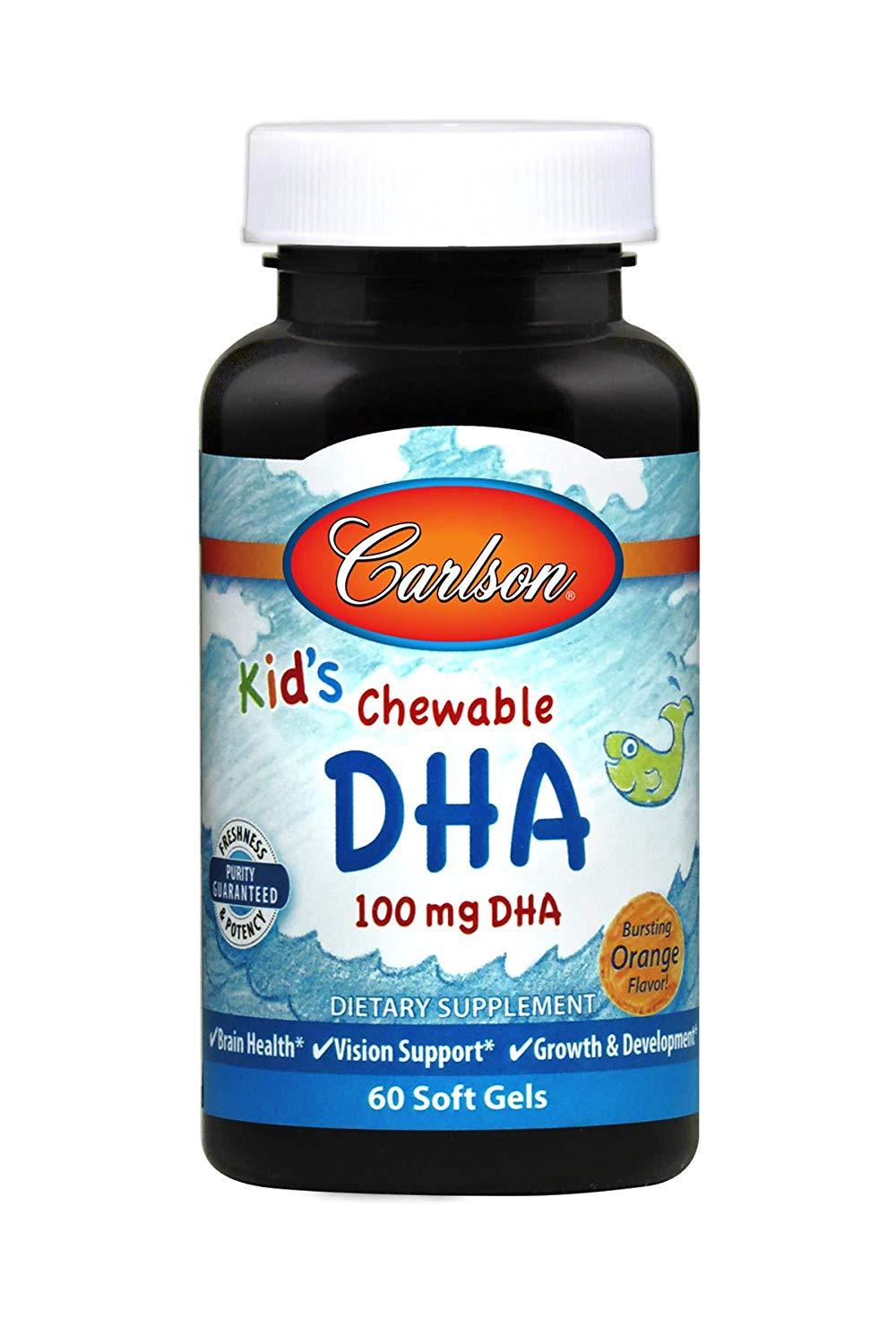 Carlson Kid's Chewable DHA Bursting Orange Flavor 100 mg 60 Softgels Brain, Vision, Growth Development