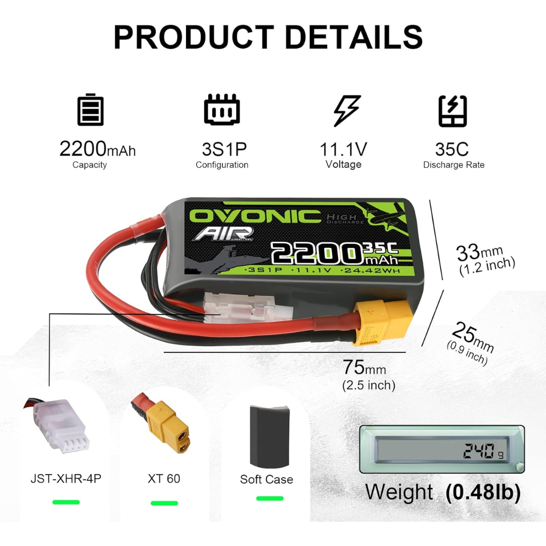 Ovonic Air Lithium Polymer Battery 2200 mAh 35c 3S 1P 11.1 V 24.42WH (2 Pack)