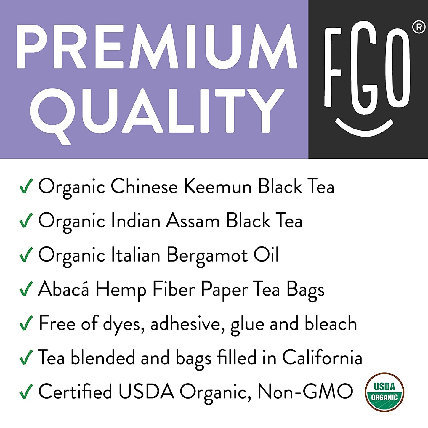 FGO Organic Earl Grey Black Tea Bags 100 Tea Bags Chinese Keemun, Indian Assam & Italian Bergamot Blend