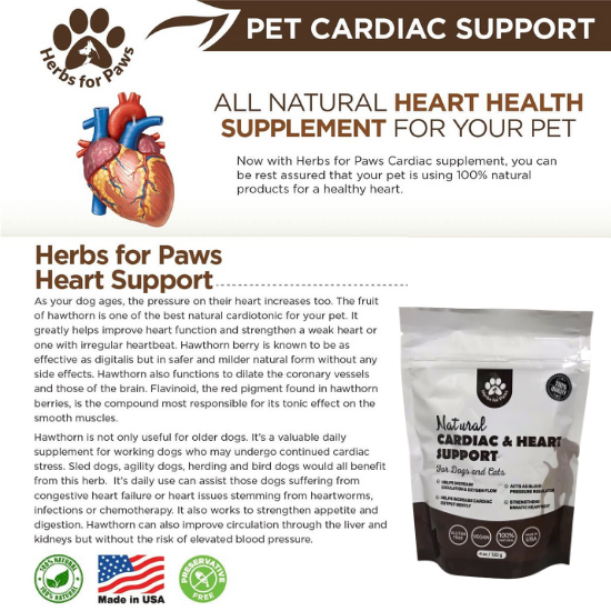Herbs for Paws Natural Cardiac & Heart Support Powder Supplement for Dogs & Cats, 4 oz. / 120g