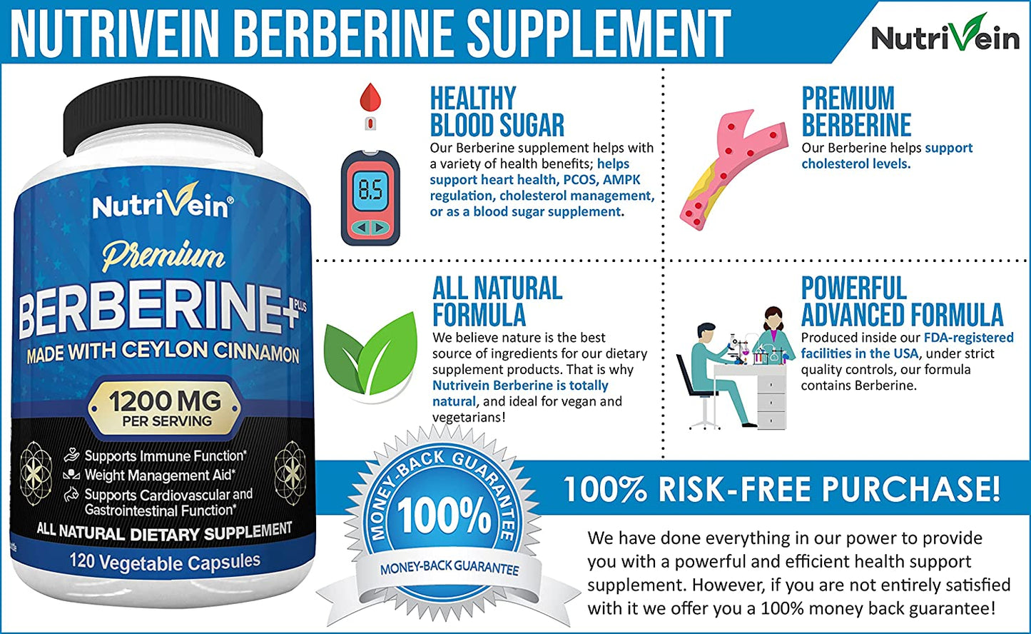 NutriVein Premium Berberine+ Made With Ceylon Cinnamon Natural Dietary Supplement - 120 Capsules