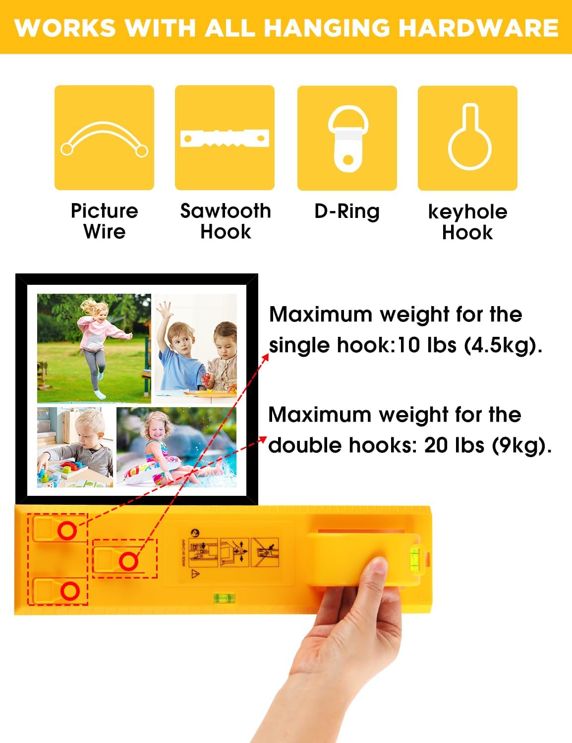 Picture Hanging Tool with Level, Goodsnova Photo Frame Hanging Tool for Easy Marking Position, (Yellow)