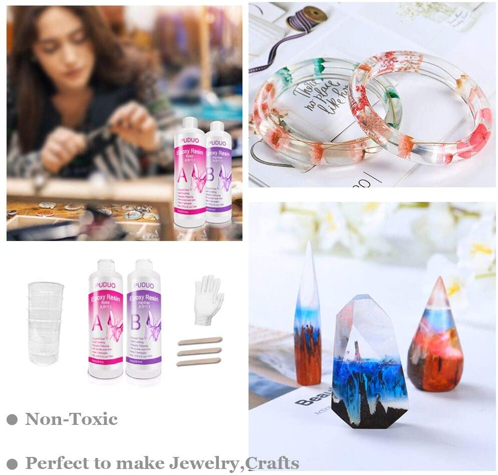 PUDUO Epoxy Resin Crystal Clear Kit, 236.6 ml, 4 pcs Graduated Cups, 3pcs Sticks, 1 Pair Gloves