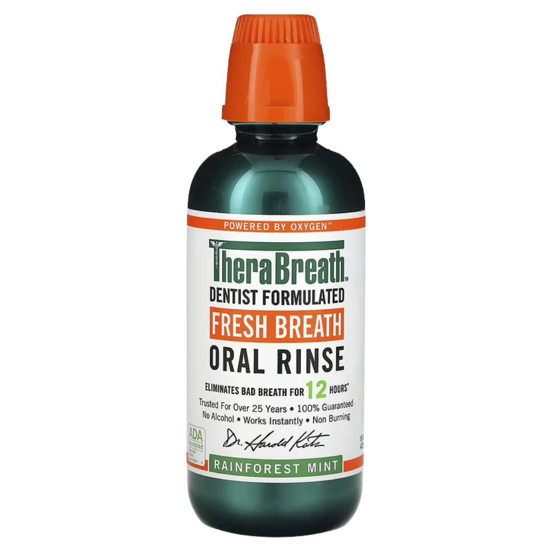 TheraBreath Dentist Formulated Fresh Breath Oral Rinse 12 Hours Non Burning, Rainforest Mint 16 fl oz