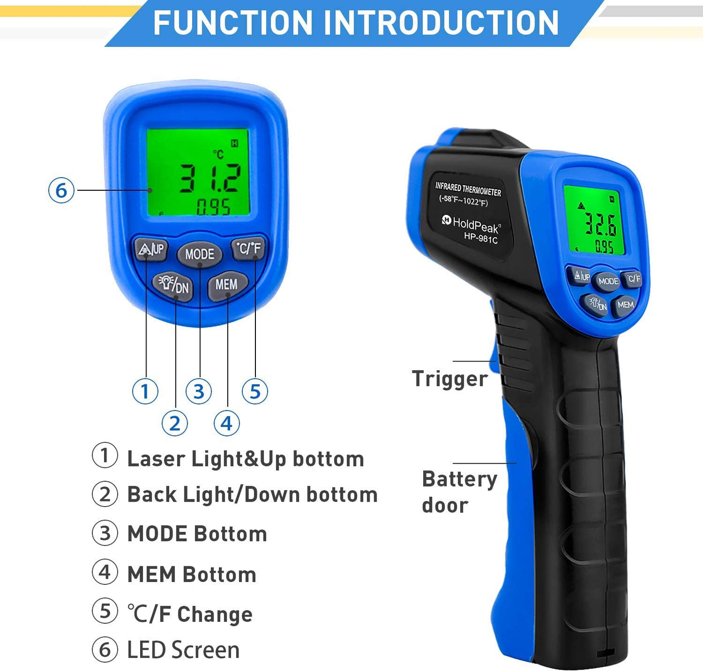 HOLDPEAK HP-981C Non Contact Digital Laser Infrared Thermometer Temperature Gun (-50 to 550℃) with 9V Battery