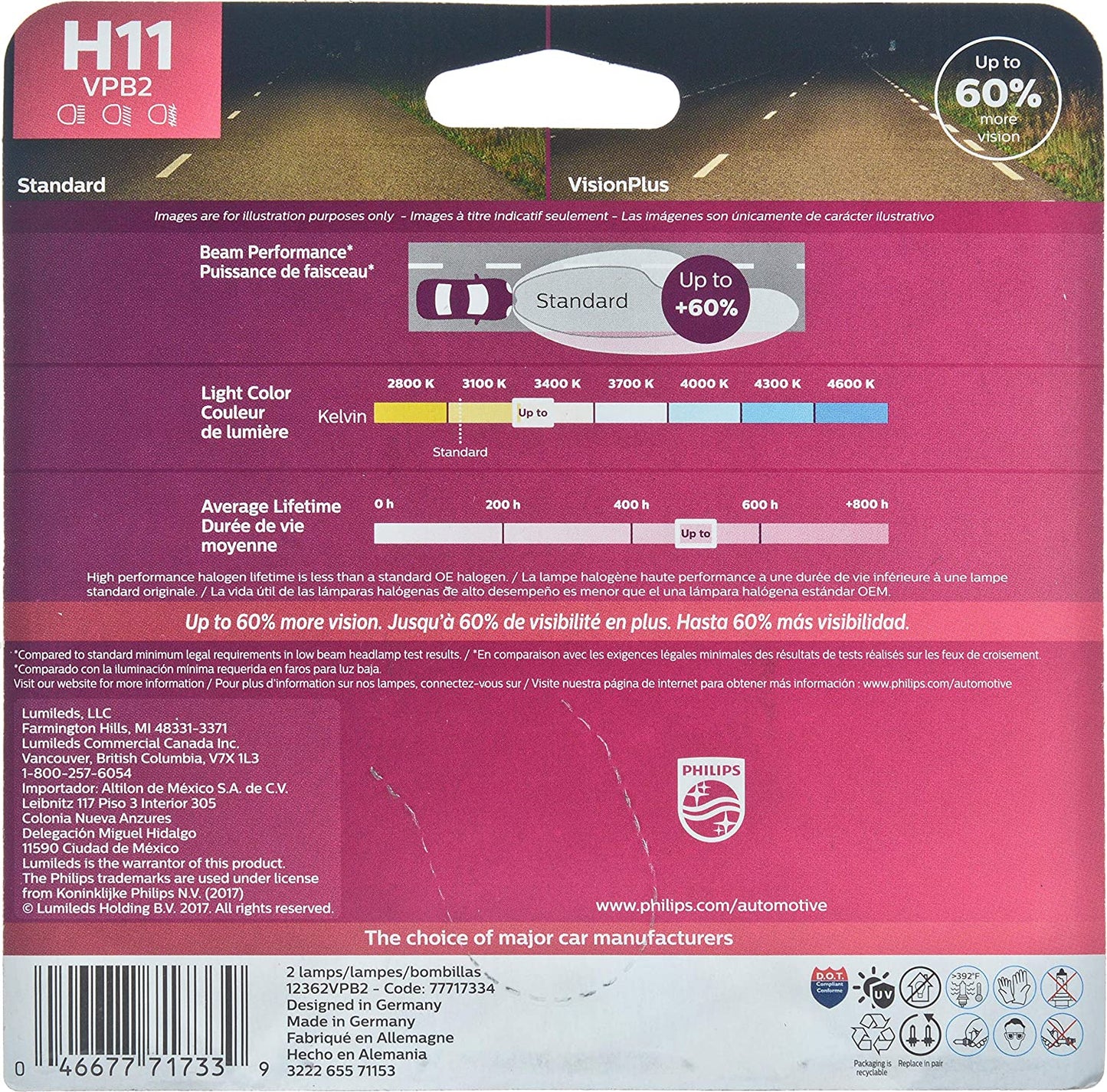 Philips H11 VisionPlus Upgrade Headlight Bulb with up to 60% More Vision 2Pcs Pack of 1