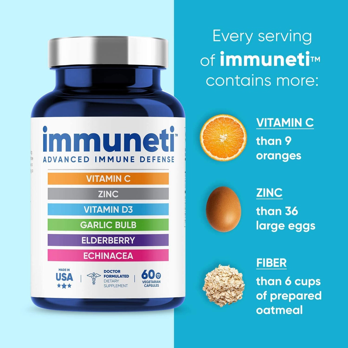 Immuneti Advanced Vitamin C, Zinc, Vitamin D3, Garlic Bulb, Elderberry, Echinacea, 60 Vegetarian Capsules