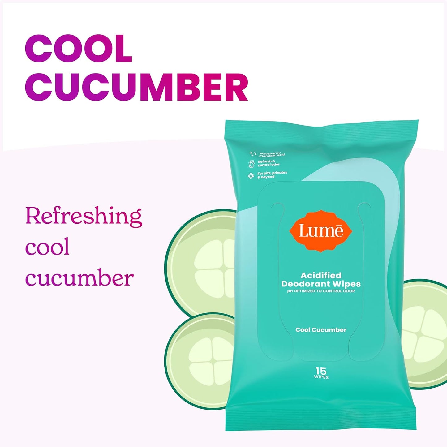 Lume Acidified Deodorant Wipes Cool Cucumber 15 Wipes